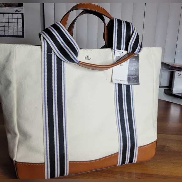 NWT Lauren Ralph Lauren LORA Large Striped Double Handled Cream Canvas Tote Bag - Picture 2 of 10